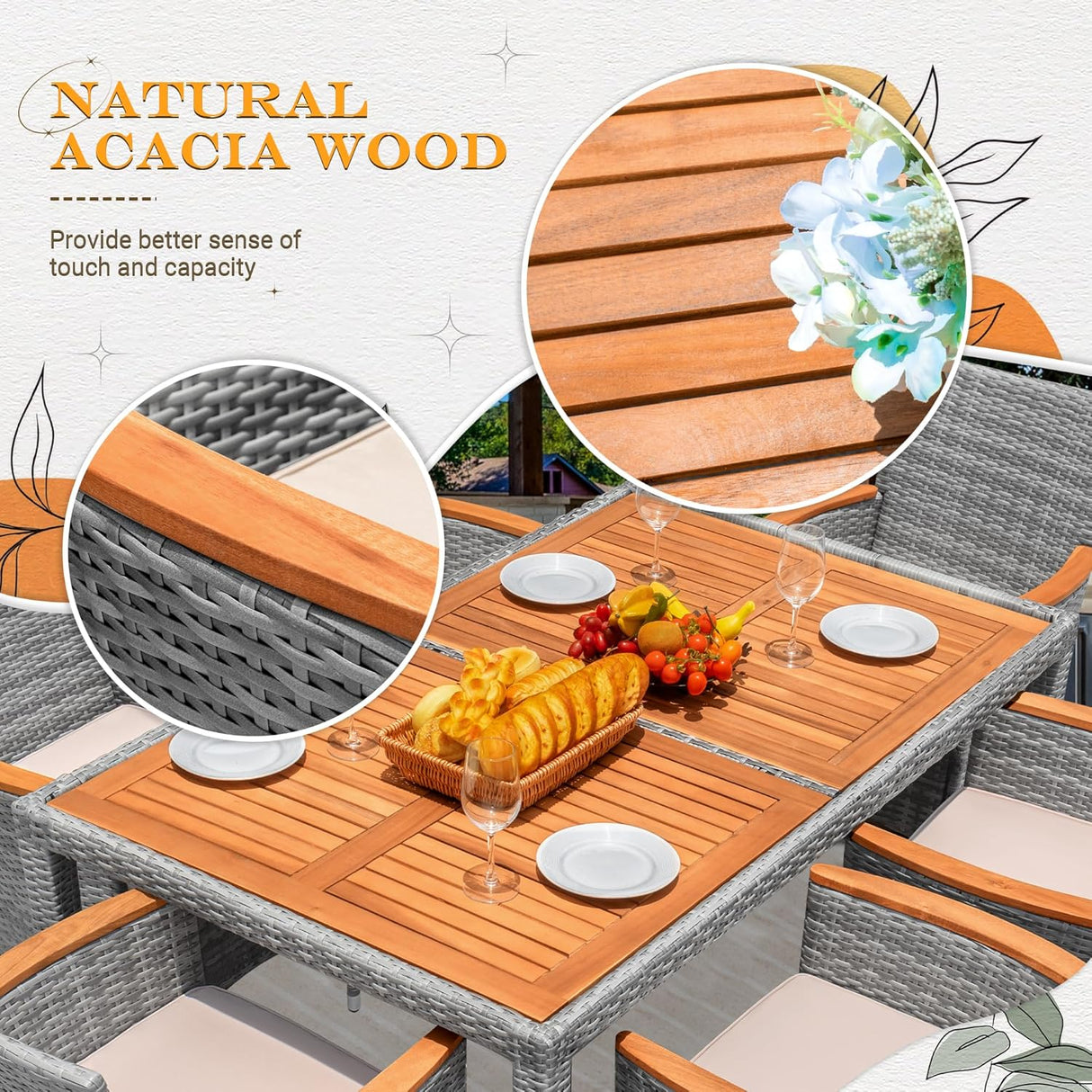 Flamaker Juego de comedor de patio de 7 piezas, mesa y sillas de madera de acacia para exteriores con cojines suaves, muebles de patio de mimbre para terraza, patio trasero, jardín (gris)