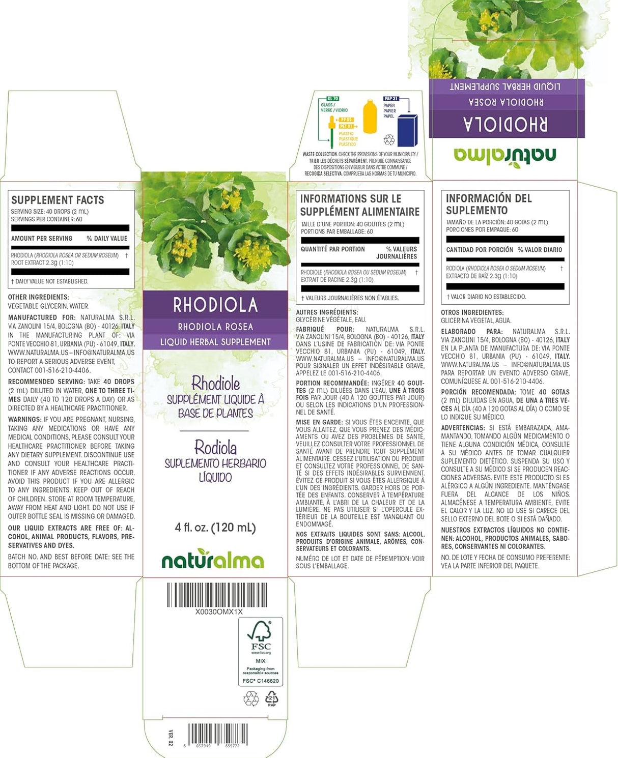 Suplemento Rhodiola rosea (Sedum roseum) líquido de 4oz