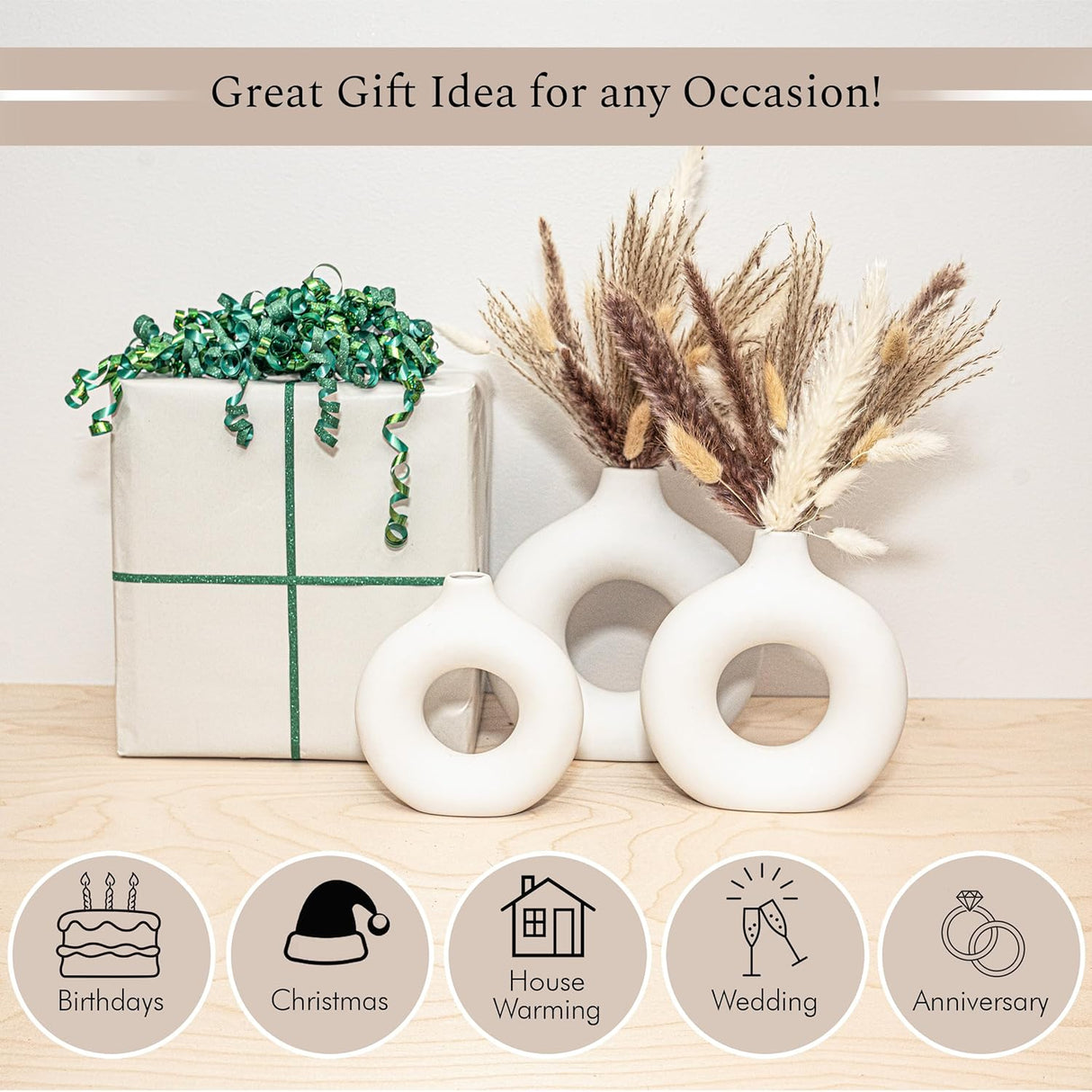 Juego de 3 Jarrones de Cerámica VELOVA con Pampas Secas