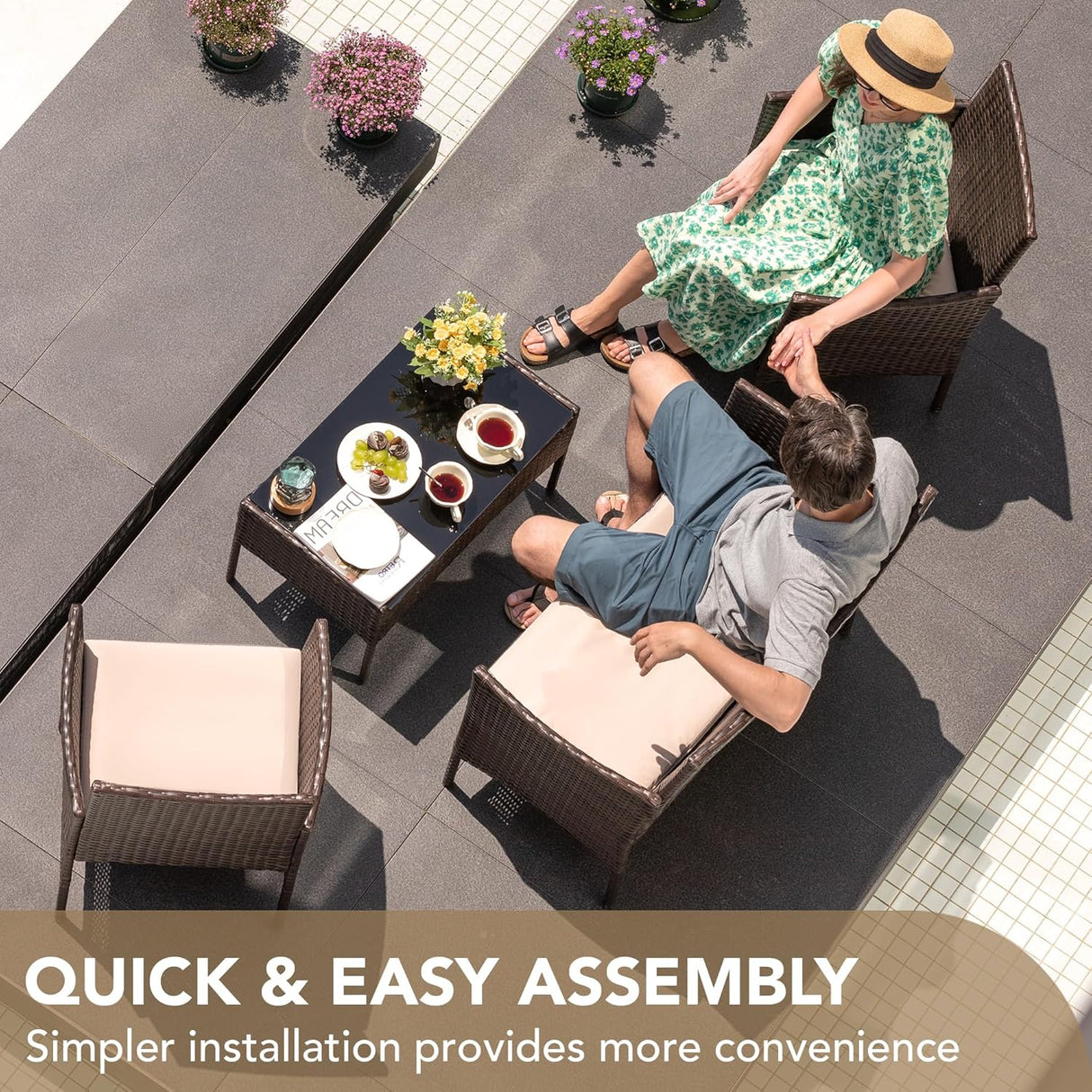 Devoko - Juego de 4 muebles de patio para porche (mimbre, mimbre, polietileno), color beige