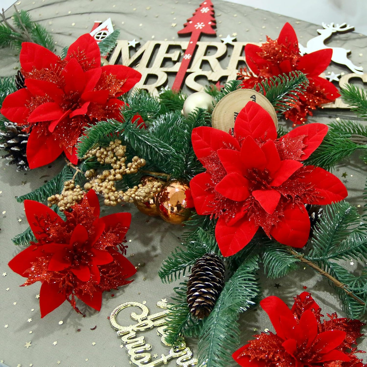 Flores Artificiales Poinsettia GREENTIME 24 Pcs con Clips