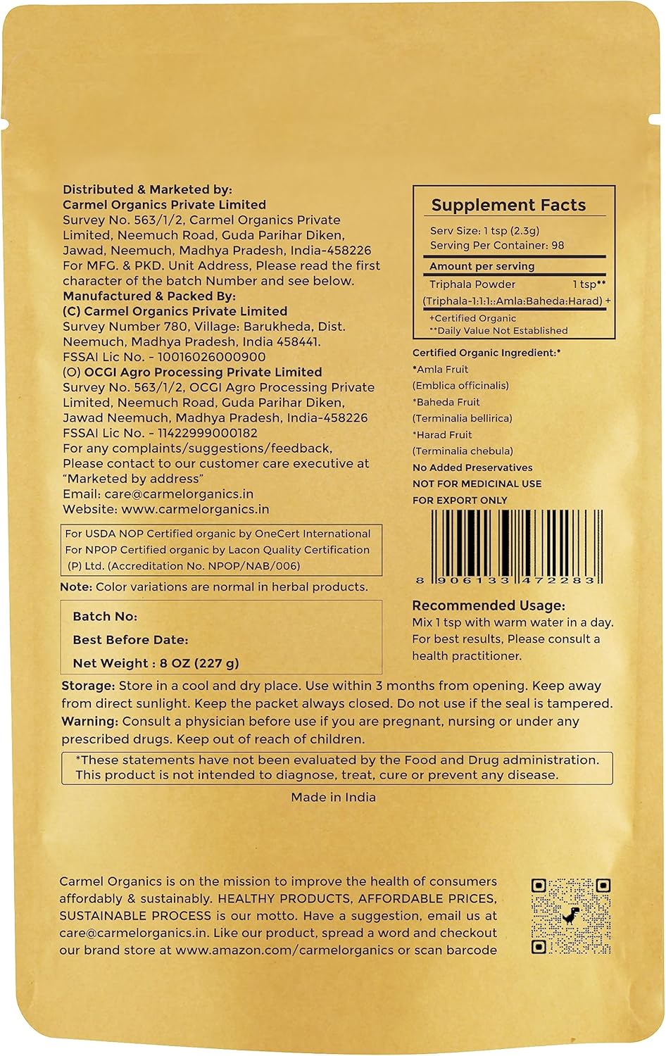Suplemento Trifhala orgánico en polvo de 8 onzas o 1/2 lb