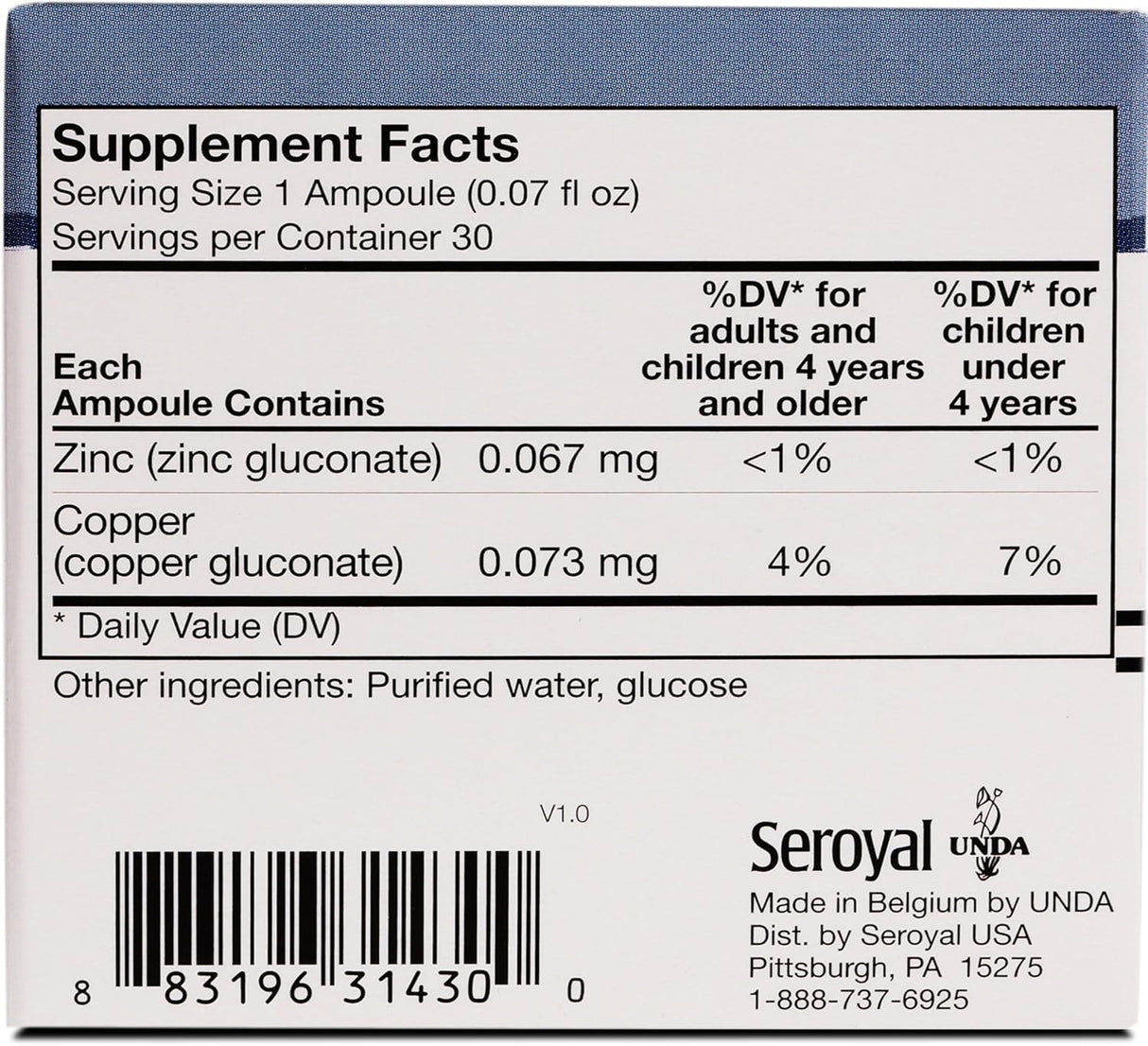 Suplemento Oligo-Elemento de Zinc-Cobre 30 Ampollas