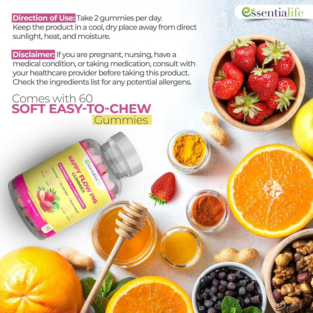 Suplementos masticables de PMS con sabor fresa Essentialife