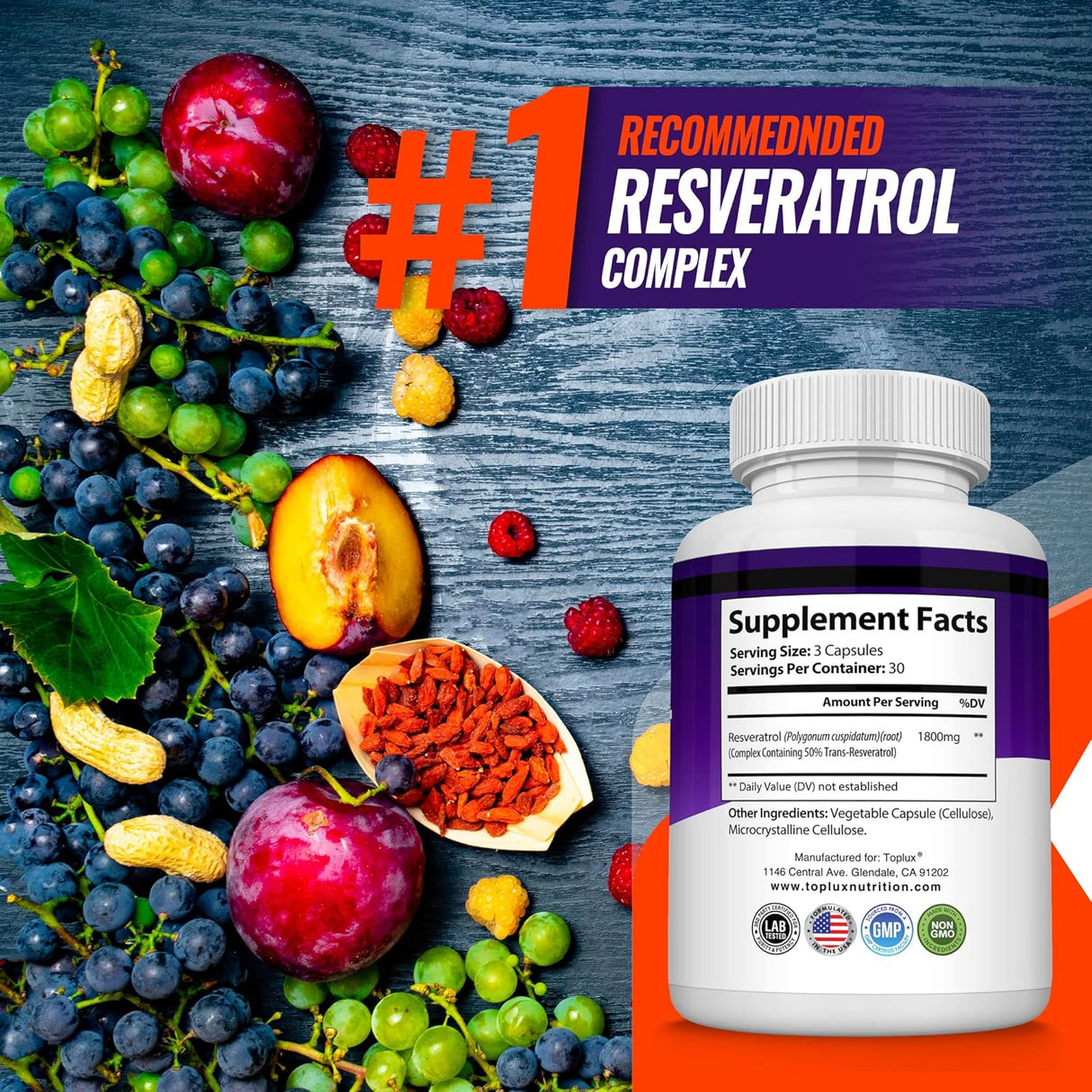Suplemento de resveratrol 1800 mg Complejo antioxidante 90u