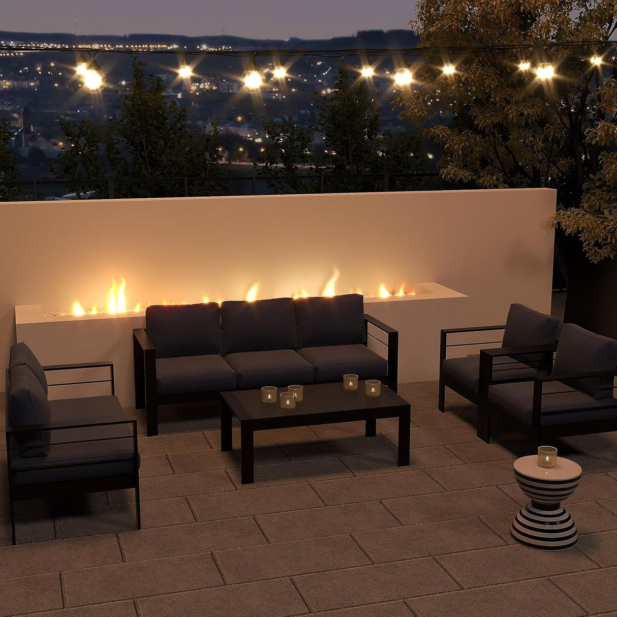 Solaste Juego de muebles de aluminio para patio, 5 piezas, moderno juego de conversación al aire libre, sofá seccional con cojín mejorado y mesa auxiliar, marco negro y cojín azul