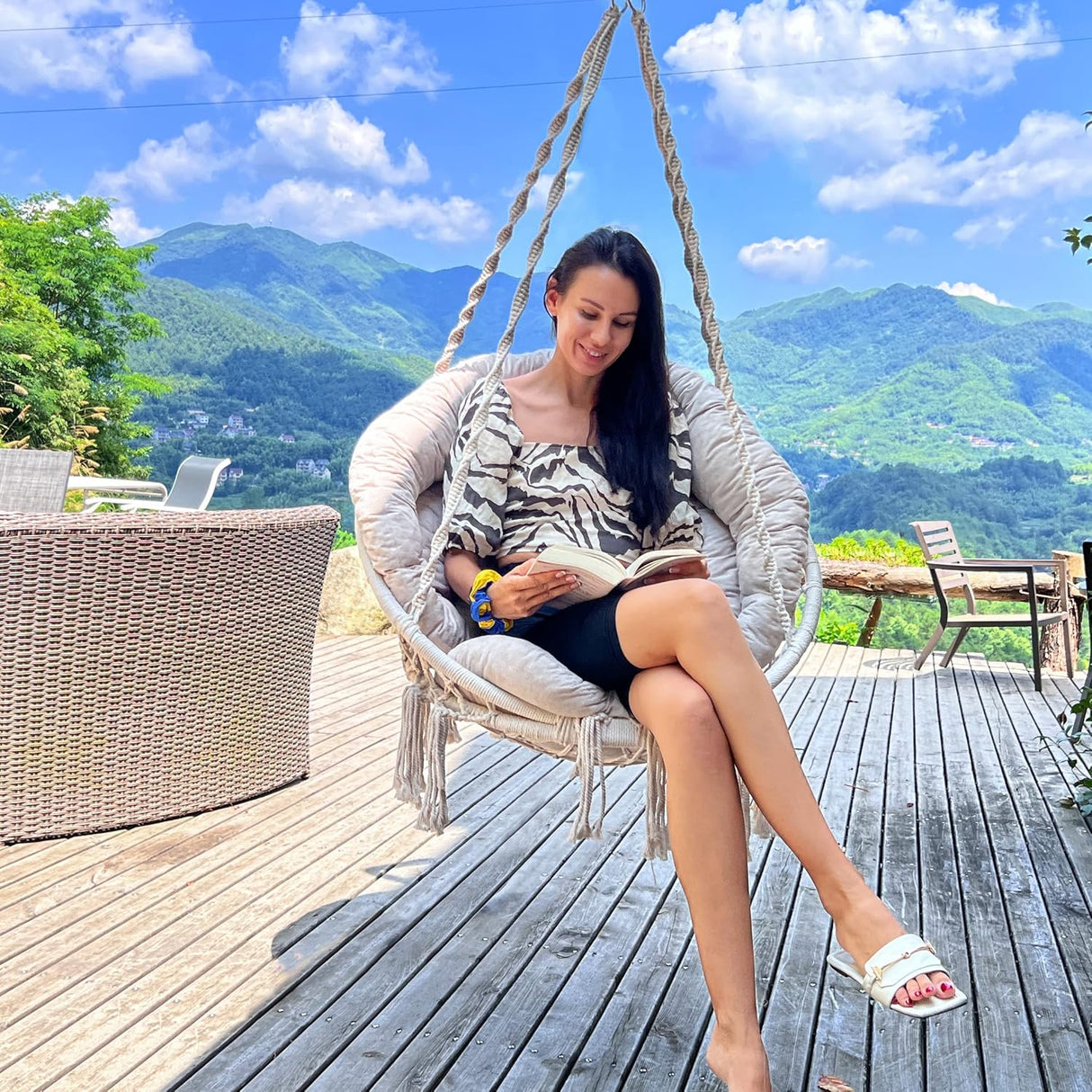 Silla Hamaca de Macramé, Hecho a Mano, con Cojín, Beige