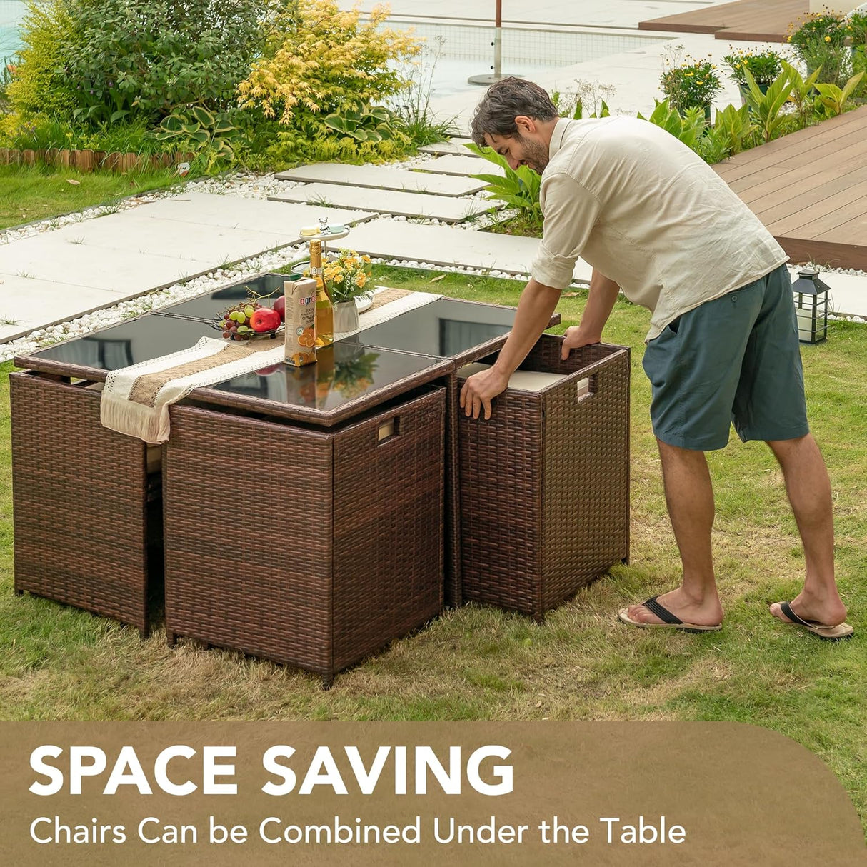 Devoko Juego de comedor para patio al aire libre, sillas de ratán con mesa de cristal para patio, conjunto de muebles acolchados de limpieza y respaldo con conversación seccional.