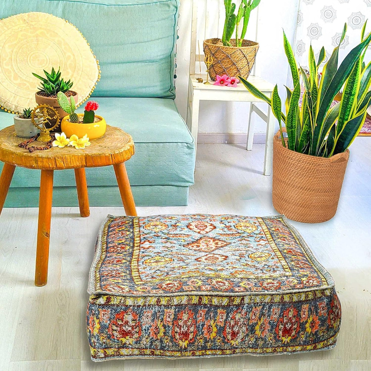 Mandala Life ART Funda de cojín de suelo con decoración bohemia verde azulado, 24 x 8 pulgadas, puf cuadrado marroquí, otomano de algodón estampado