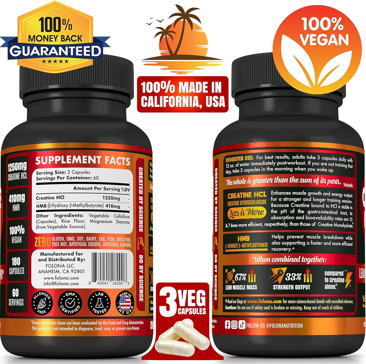 Cápsulas de Creatina HCL con HMB, Suplemento Vegano 180 cápsulas