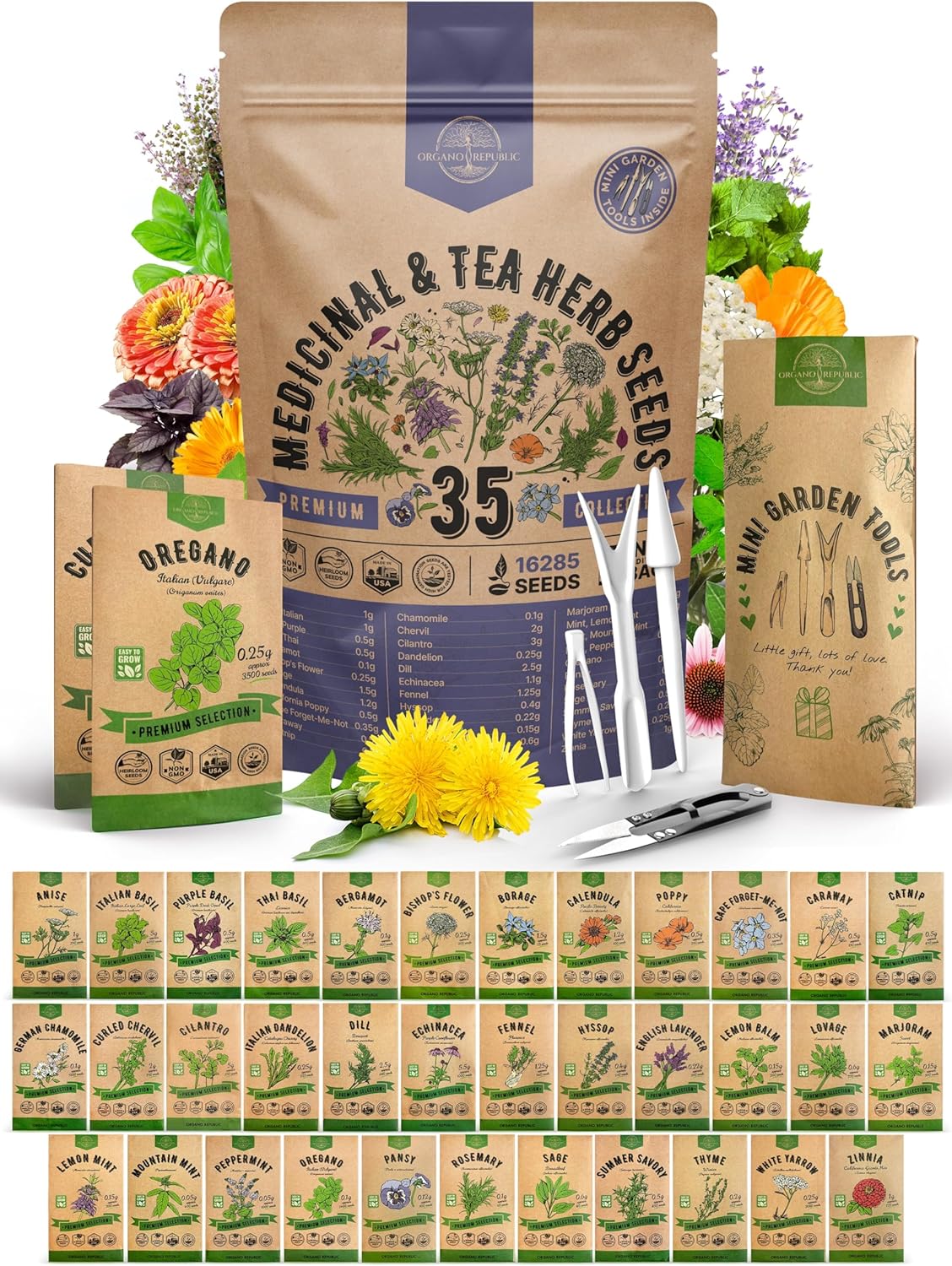 Pack de 35 Semillas de Hierbas Medicinales y Té - No GMO