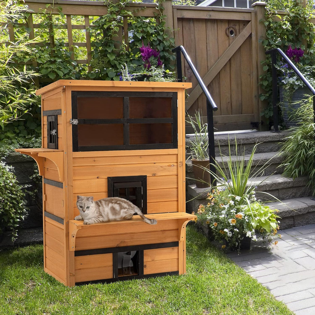 Casa para Gatos 3 Niveles PawHut, Refugio Exterior, Modelo 2023