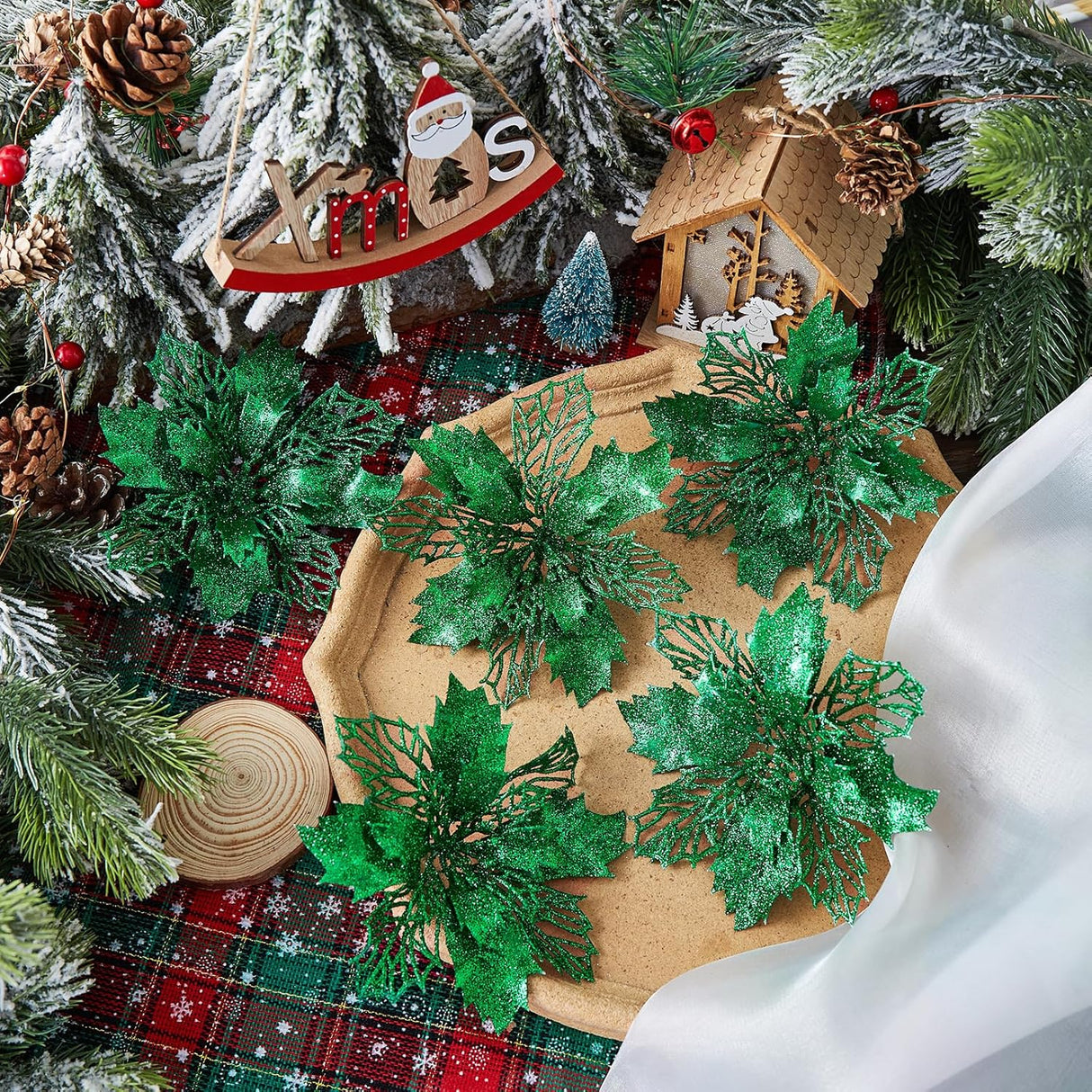 Flores Poinsettia Artificial Wironlst 16 Pcs para Decoración