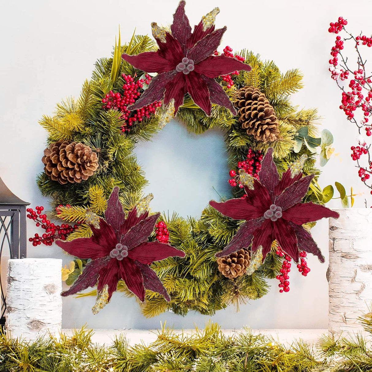Flores Poinsettia Artificiales para Árbol de Navidad, Set de 4