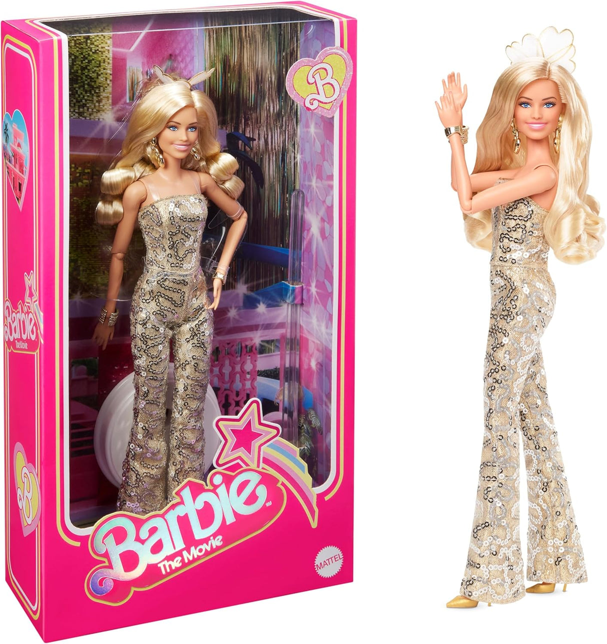 Muñeca Barbie Margot Robbie en mono de lentejuelas doradas HPJ99