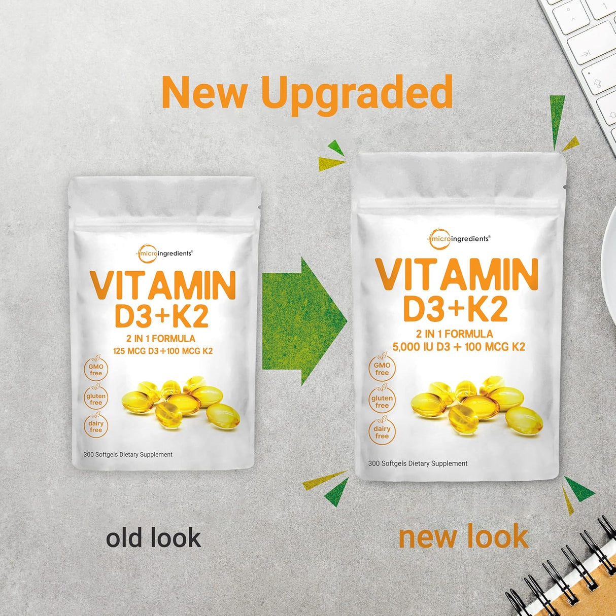 Suplementos Vitamina D3 5000IU Plus K2 300 capsula