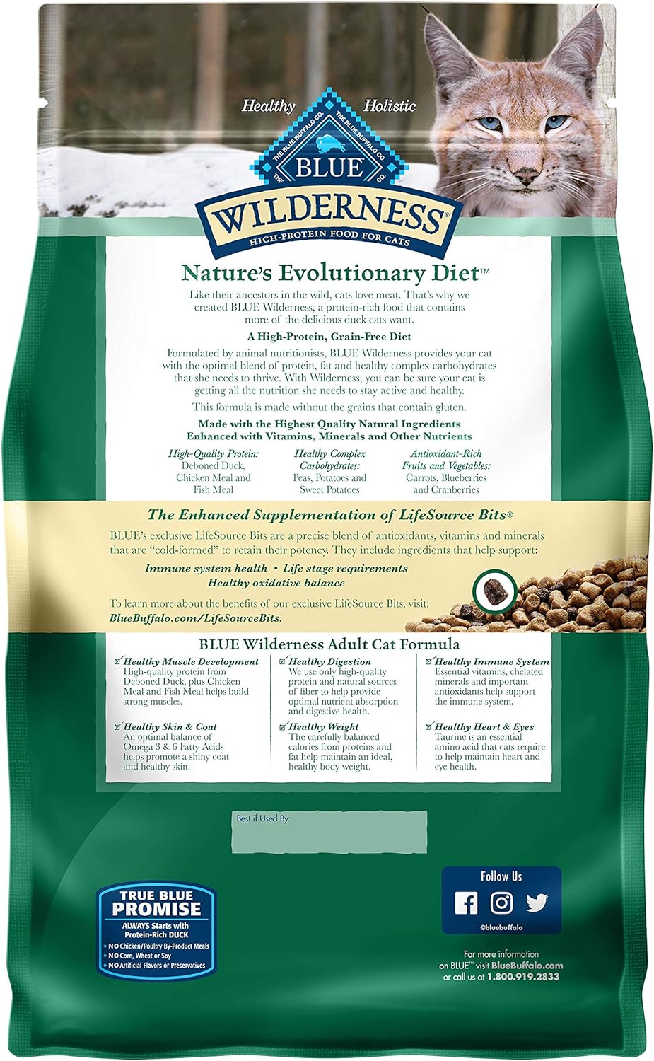 Blue Buffalo Wilderness - Alimento seco natural para gatos adultos, alto en proteínas, pato, 5 libras