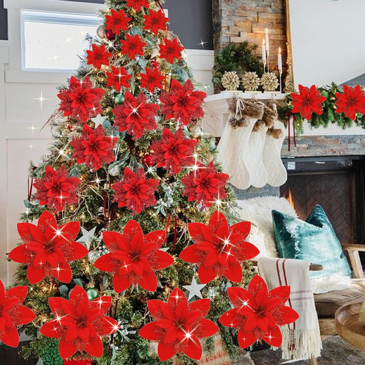 Flores Artificiales Poinsettia GREENTIME 24 Pcs con Clips