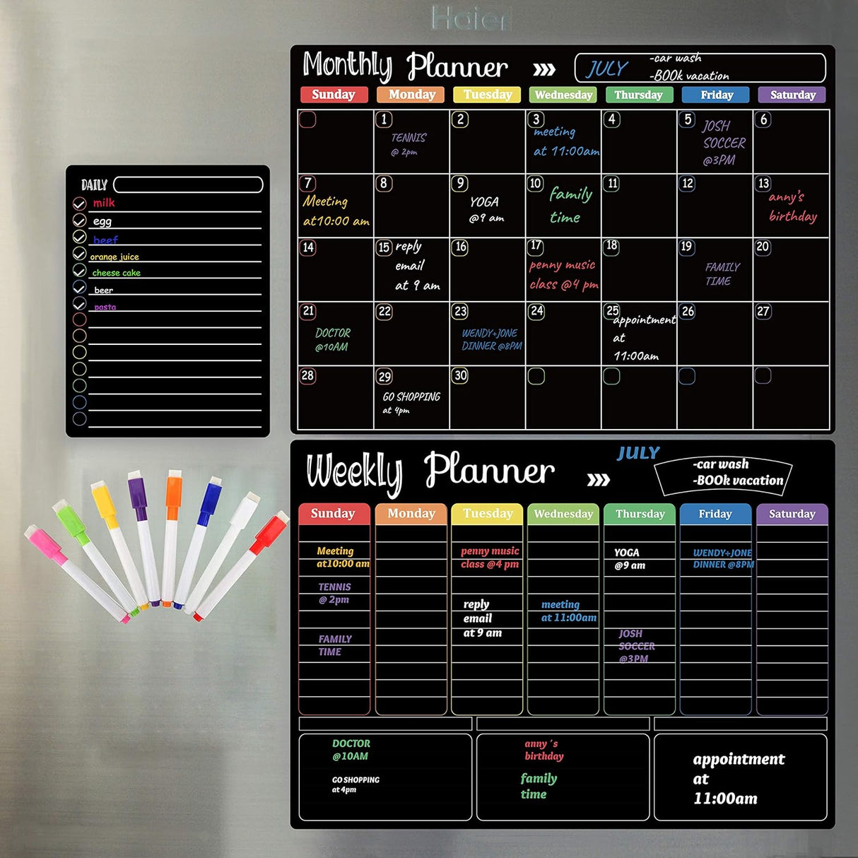 Pizarra con calendario de borrado en seco magnéticos