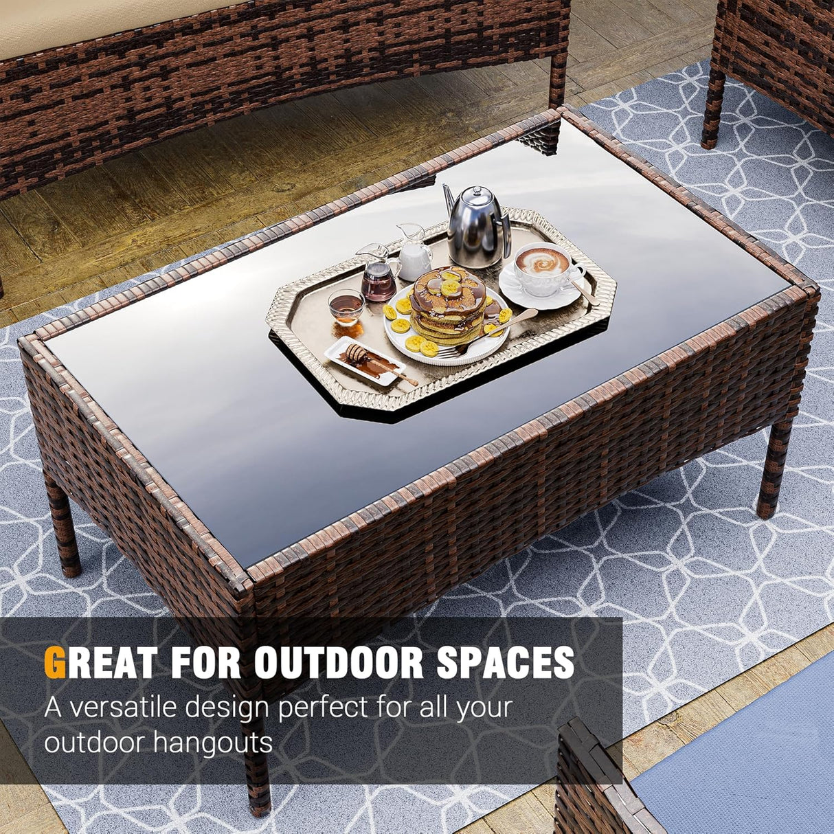 UDPATIO Muebles de patio, 4 piezas, sillas de mimbre para exteriores, juego de conversación de balcón, muebles de porche, sofá biplaza seccional con cojines y mesa para patio, piscina, jardín