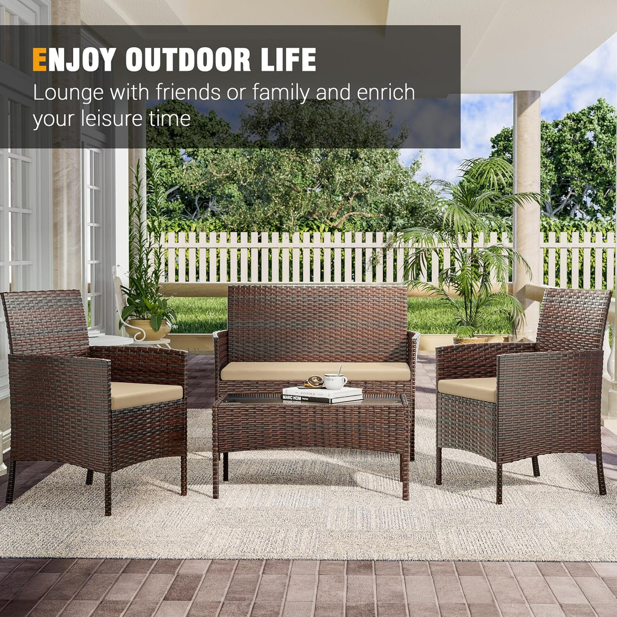 UDPATIO Muebles de patio, 4 piezas, sillas de mimbre para exteriores, juego de conversación de balcón, muebles de porche, sofá biplaza seccional con cojines y mesa para patio, piscina, jardín