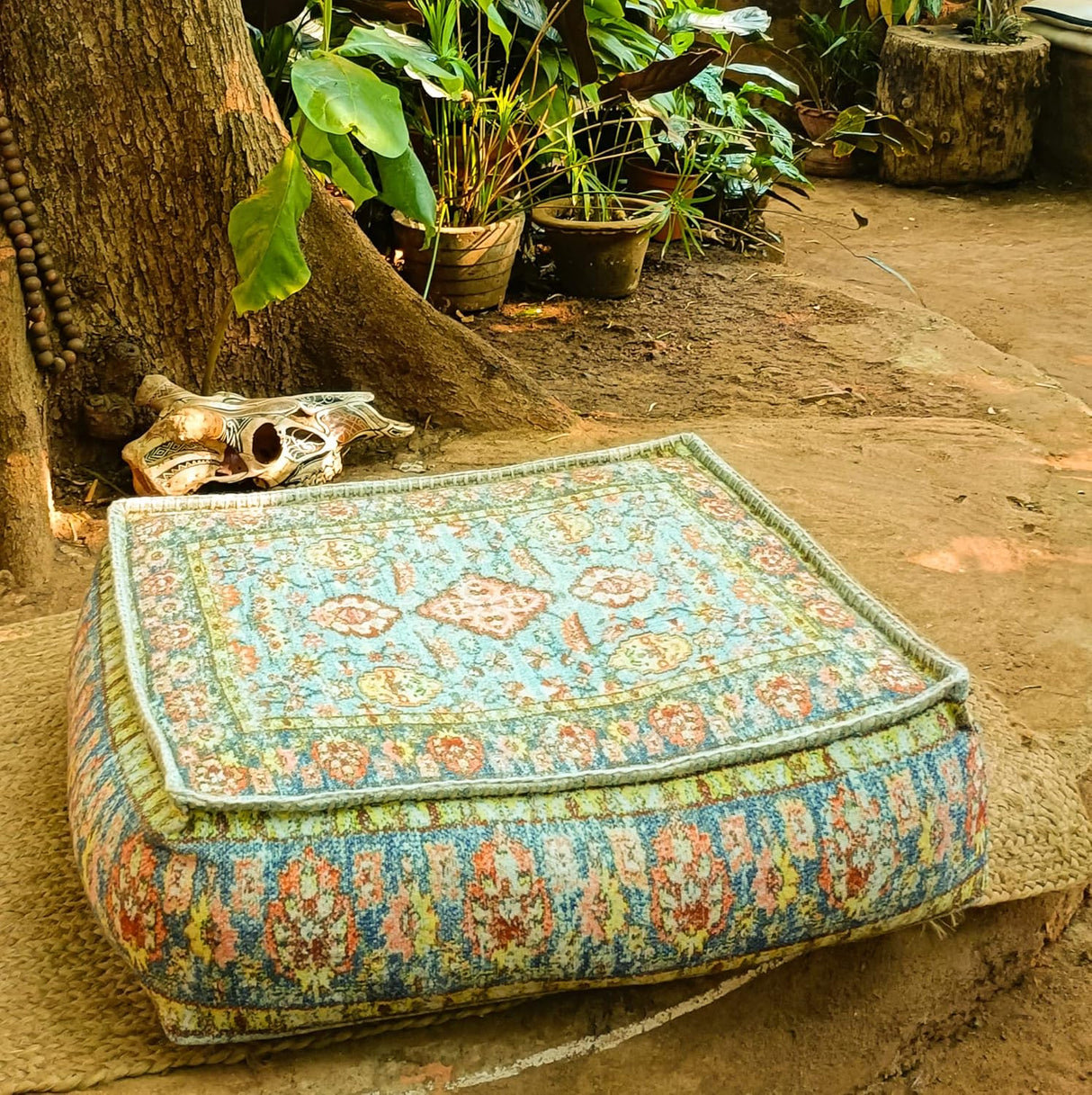 Mandala Life ART Funda de cojín de suelo con decoración bohemia verde azulado, 24 x 8 pulgadas, puf cuadrado marroquí, otomano de algodón estampado