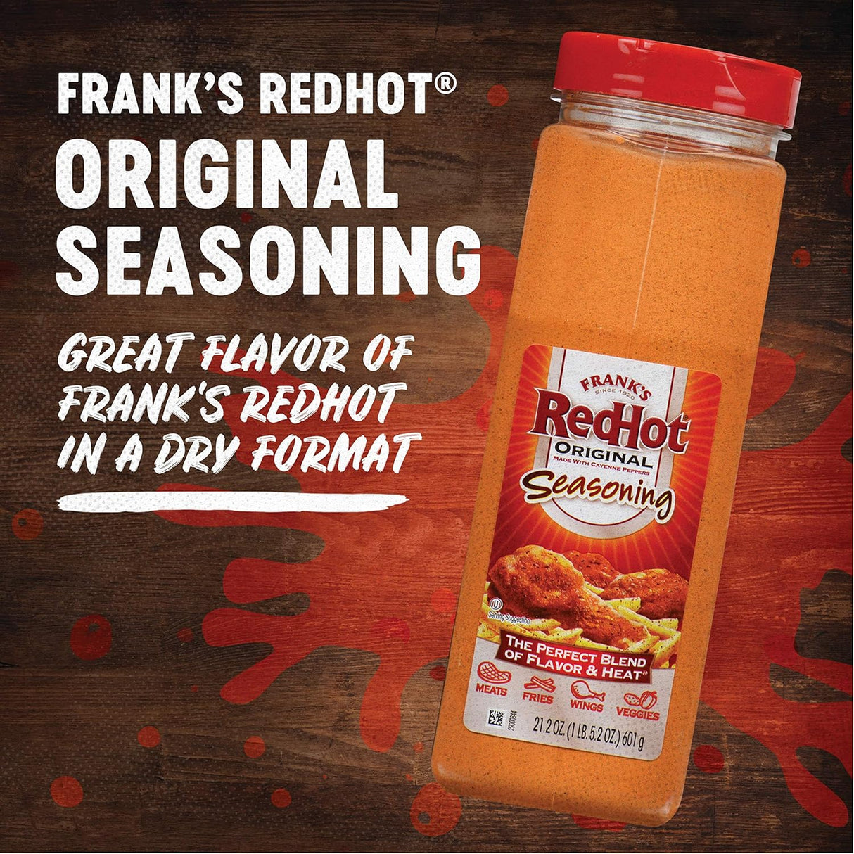 Frank's RedHot Condimento original, 21.2 onzas, un recipiente de 21.2 onzas de mezcla de condimentos de salsa picante de ajo salado y pimienta de cayena picante, perfecto para frotar en seco