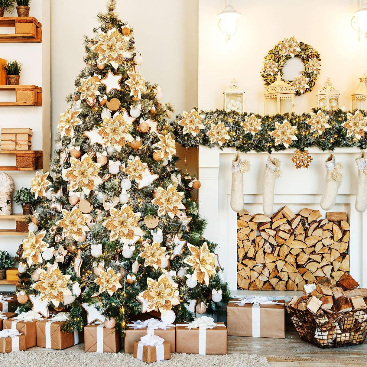 Flores Poinsettia Artificiales 36 Pcs para Decoración Navideña