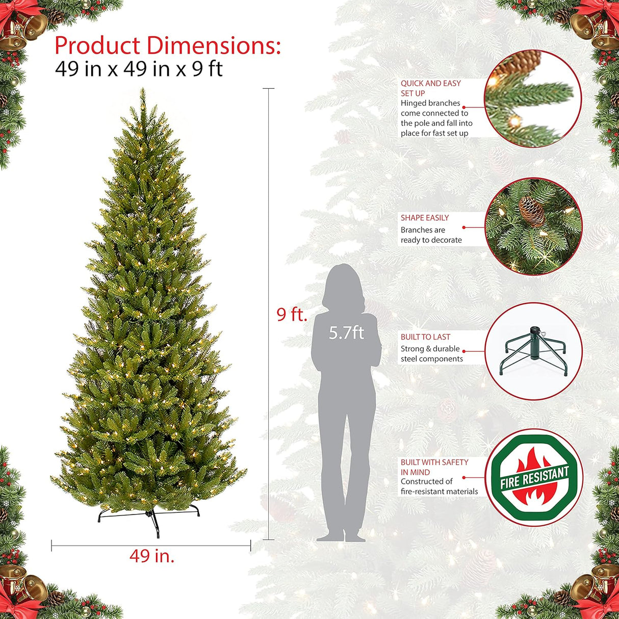 Árbol de Navidad Artificial Slim Fraser Fir Preiluminado 9 pies