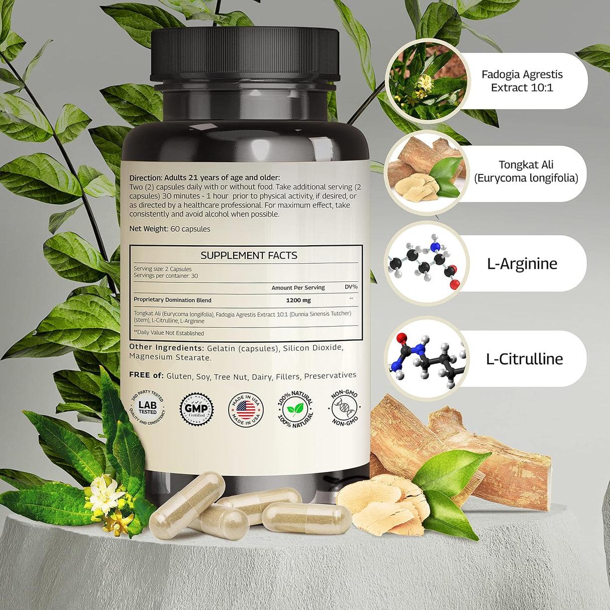 Suplemento Fadogia Agrestis Tongkat Ali 1200 mg 60 capsula