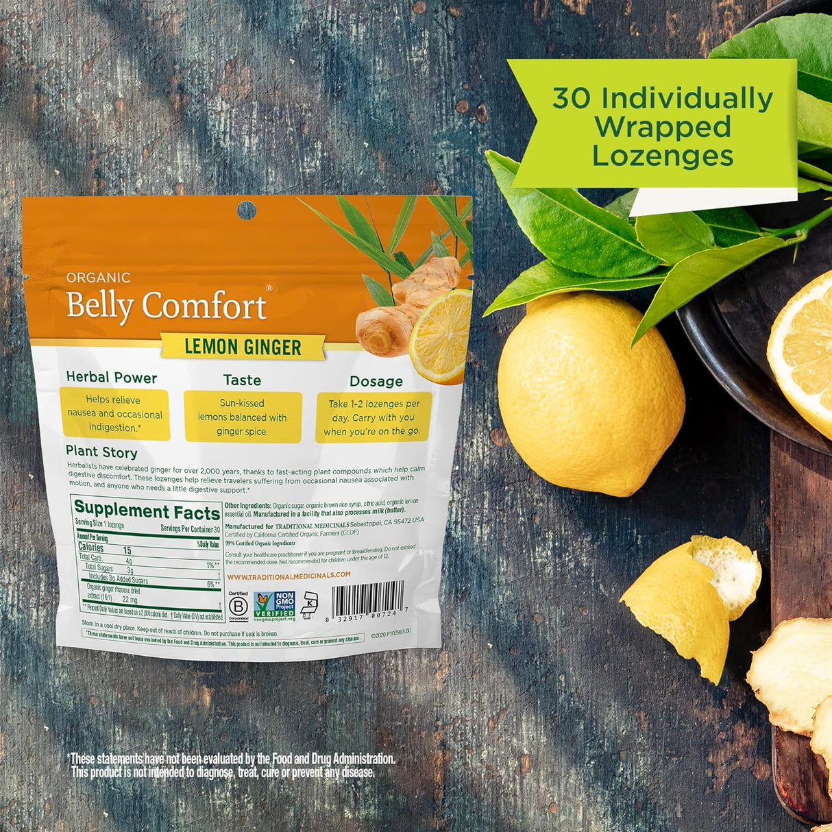 Suplemento de jengibre y limón Organic Belly Comfort 30 un