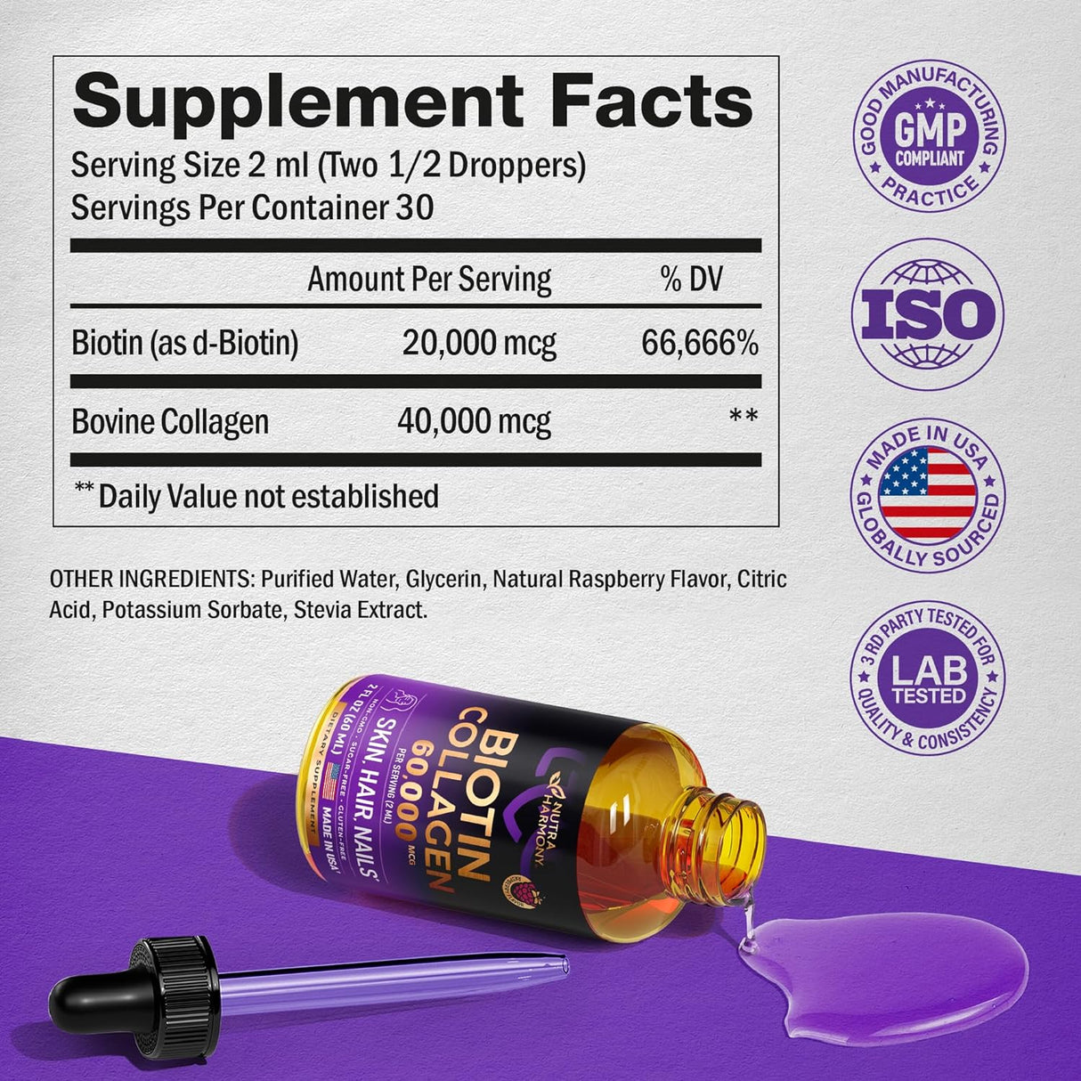 Biotina y colágeno líquidos, crecimiento capilar, uñas y piel