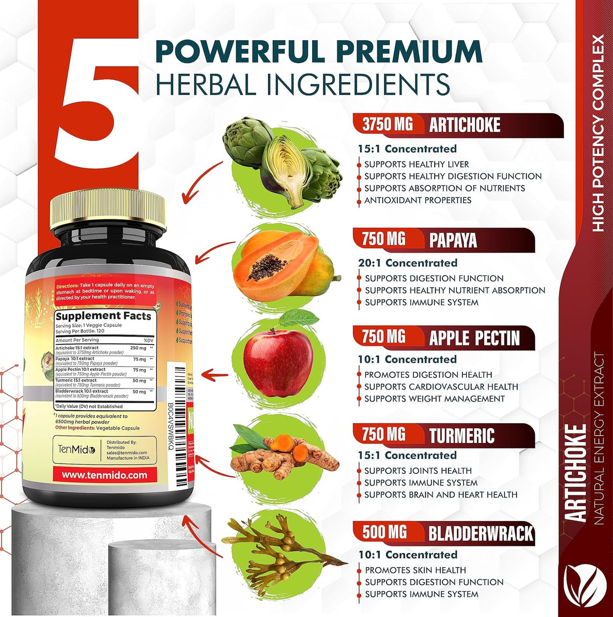 Suplemento Cápsulas de extracto de alcachofa de 6500 mg 120u