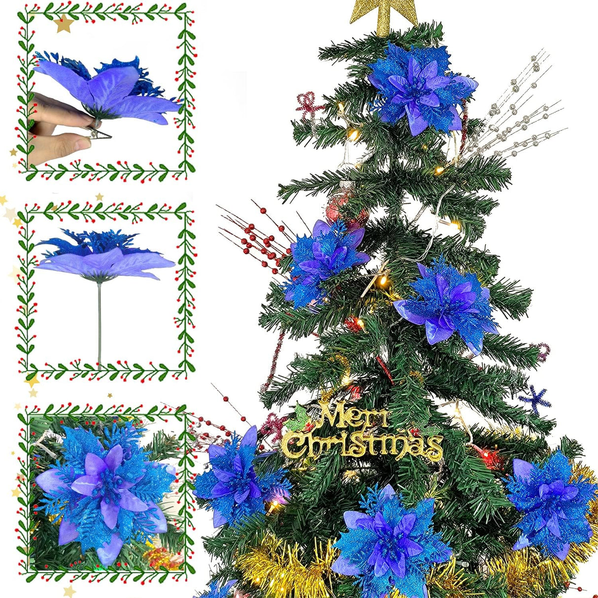 Flores Poinsettia Artificiales 15 Pcs, Decoraciones de Navidad