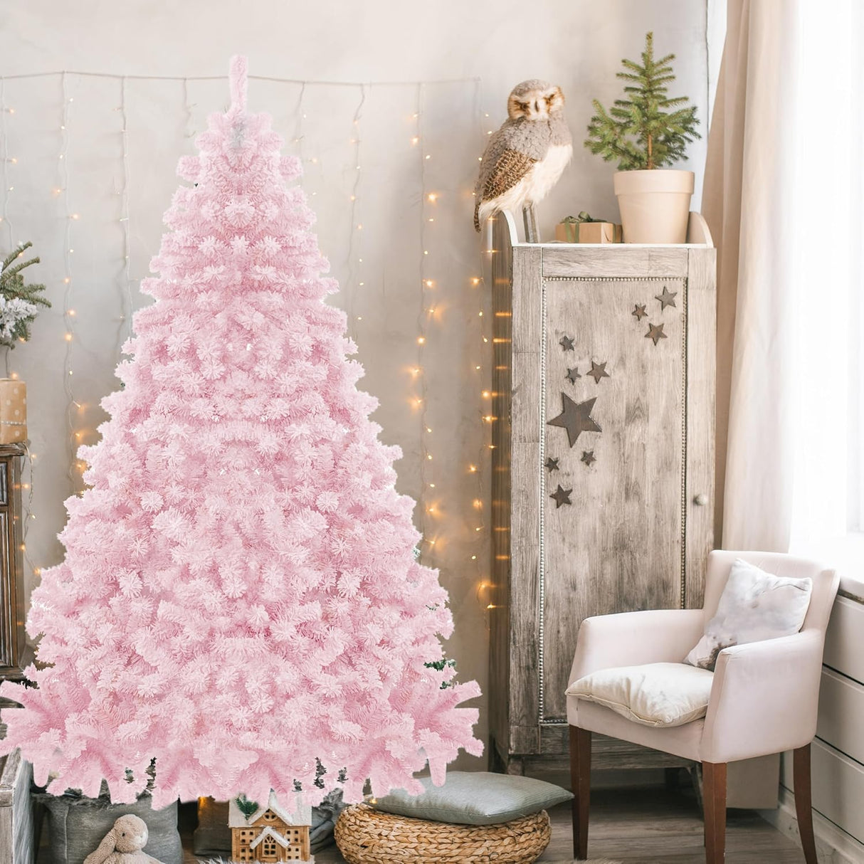 Árbol de Navidad Artificial 7.5FT con Soporte Metálico Flocked Pink