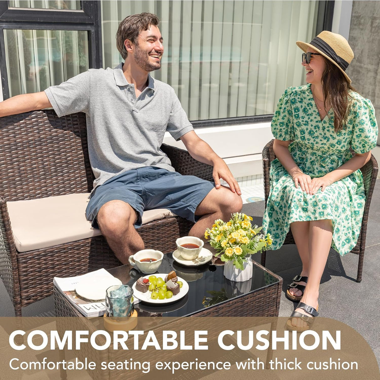 Devoko - Juego de 4 muebles de patio para porche (mimbre, mimbre, polietileno), color beige