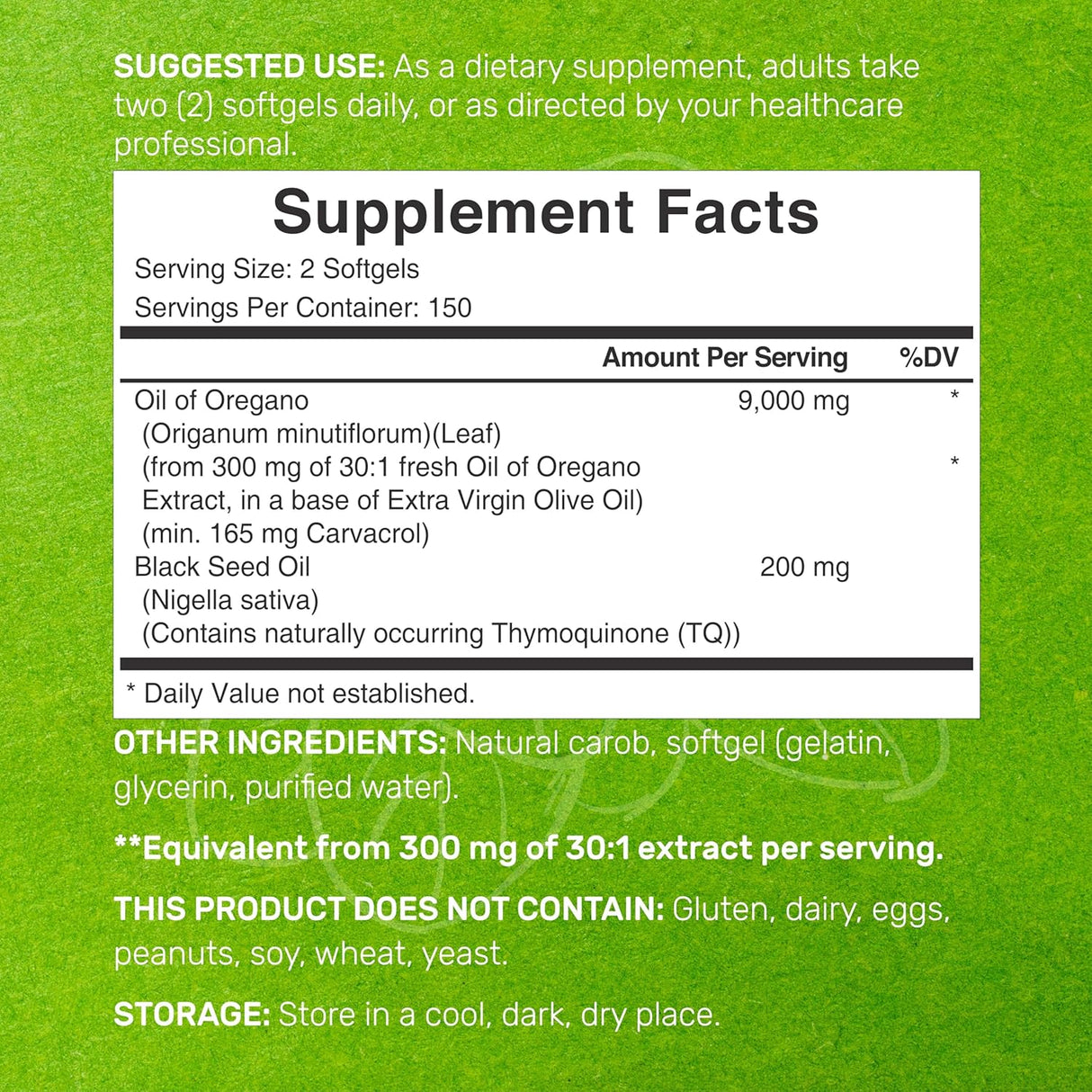 Suplemento de aceite de orégano de semilla negra 300 Cáp