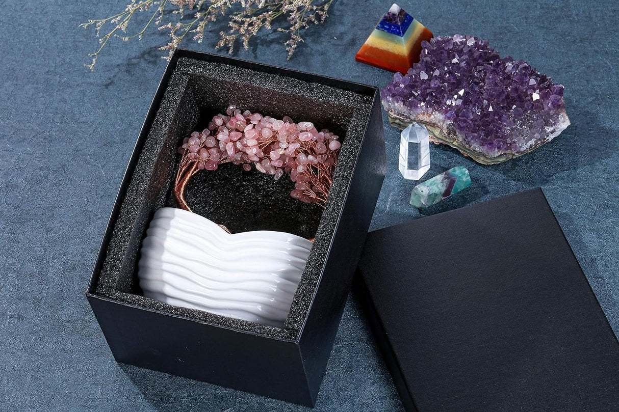 Árbol de dinero de cristal de cuarzo rosa con forma de corazón, adorno de bonsái para ceremonia de boda, reiki, equilibrio de energía, meditación Feng Shui, riqueza y buena suerte, decoración