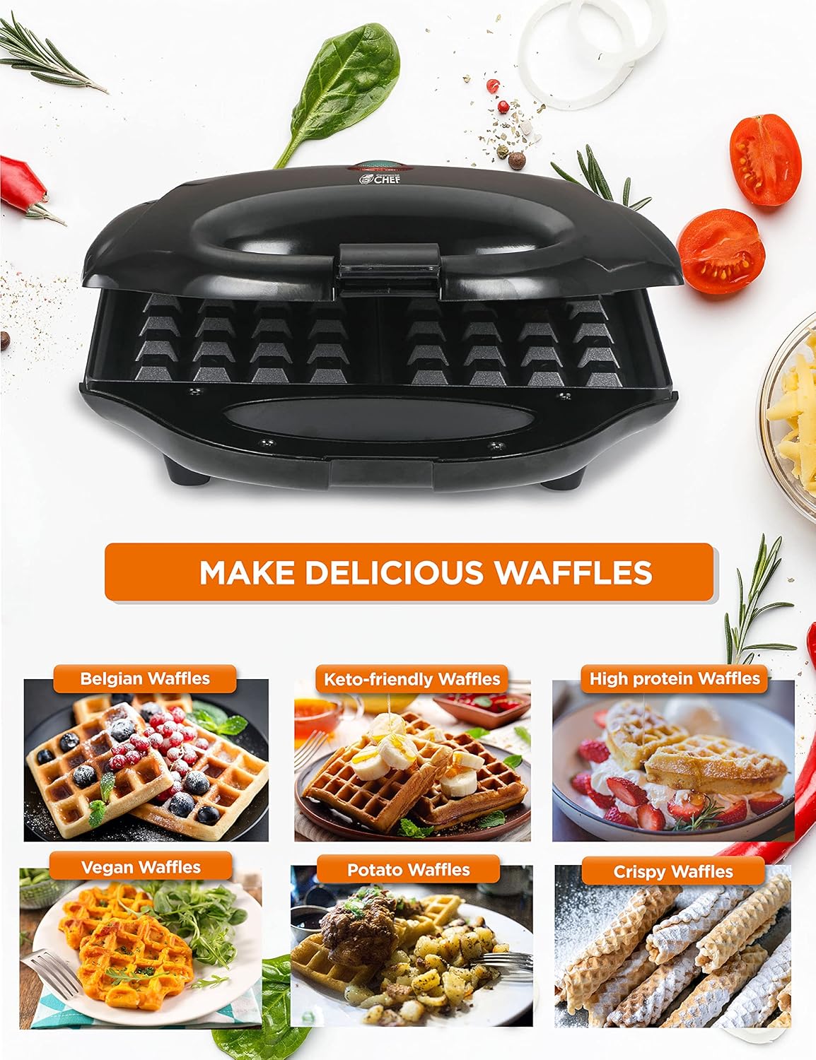Mini Waffle Maker Comercial Chef, Antiadherente, Fácil de Limpiar