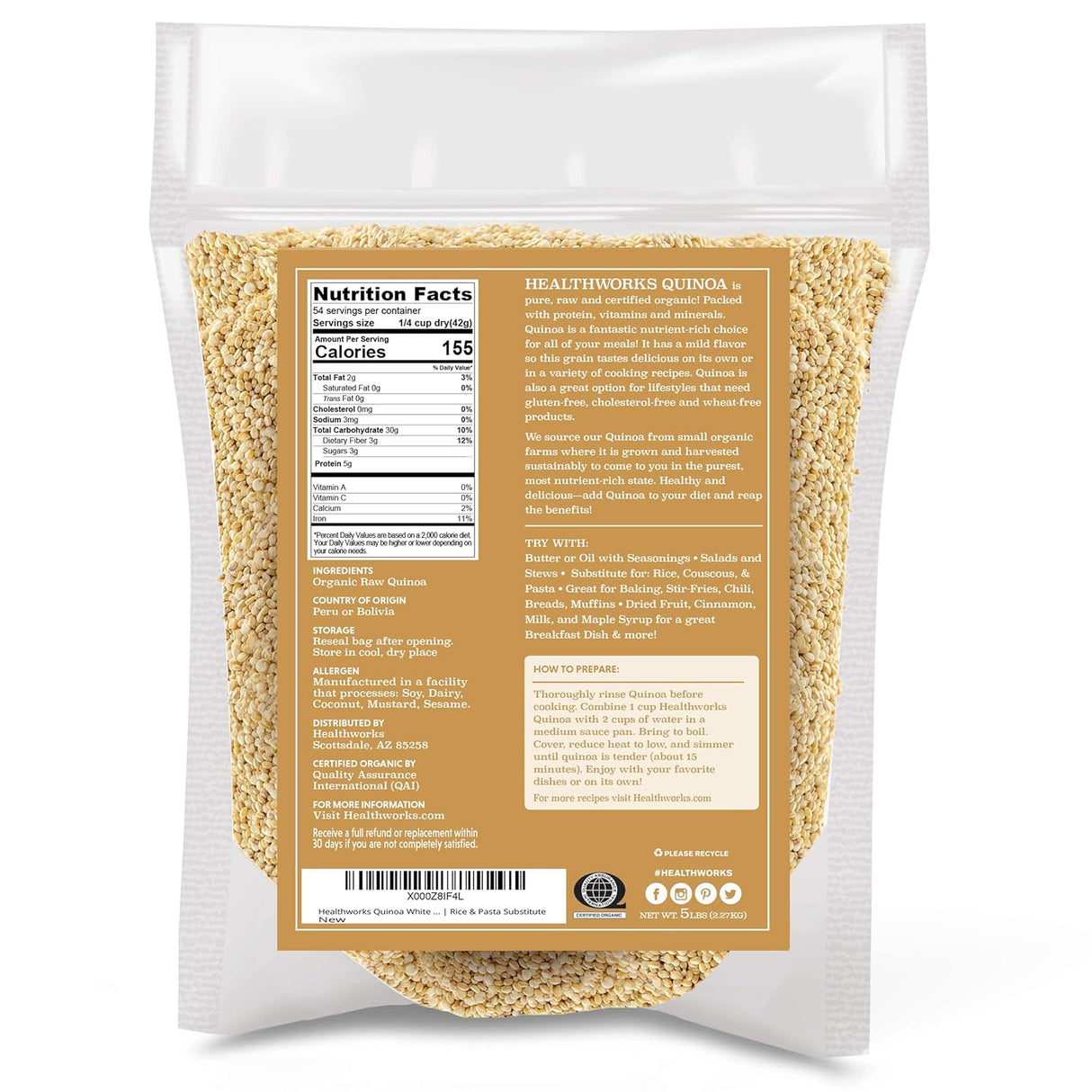 Quinoa Blanca Orgánica Entera | Proteína, Fibra, Hierro | Perú