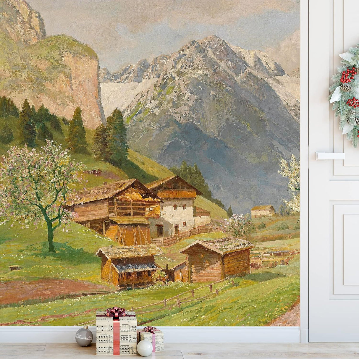 Adhesivo mural removible vibrante pueblo europeo de montaña.