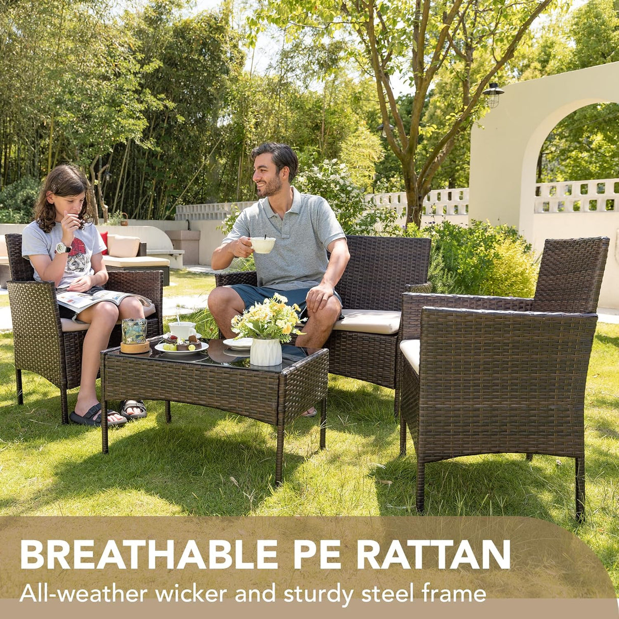 Devoko - Juego de 4 muebles de patio para porche (mimbre, mimbre, polietileno), color beige