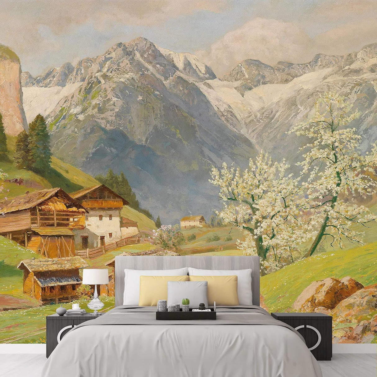 Adhesivo mural removible vibrante pueblo europeo de montaña.