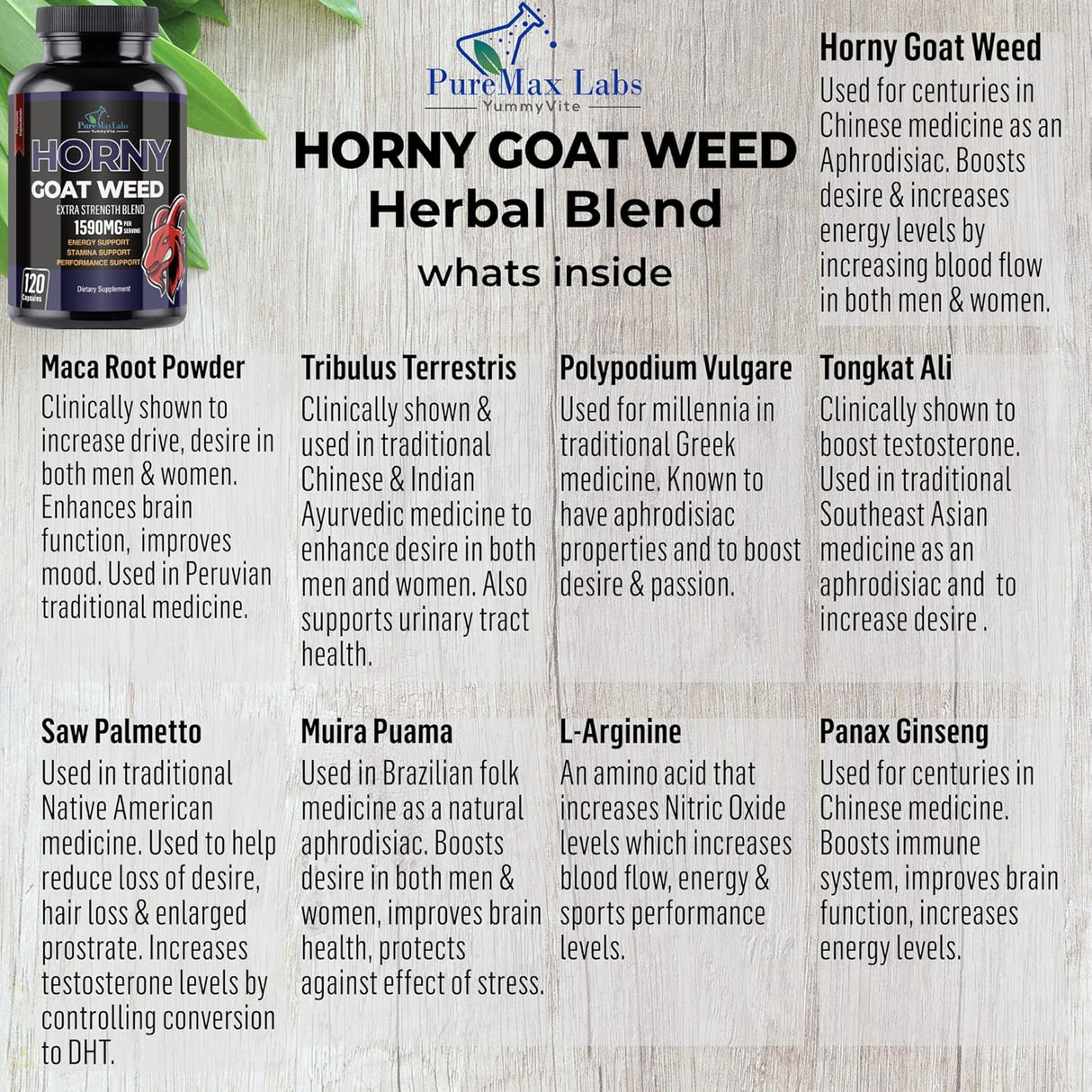 Suplemento Horny Goat Weed con maca, L-arginina 120 cápsulas