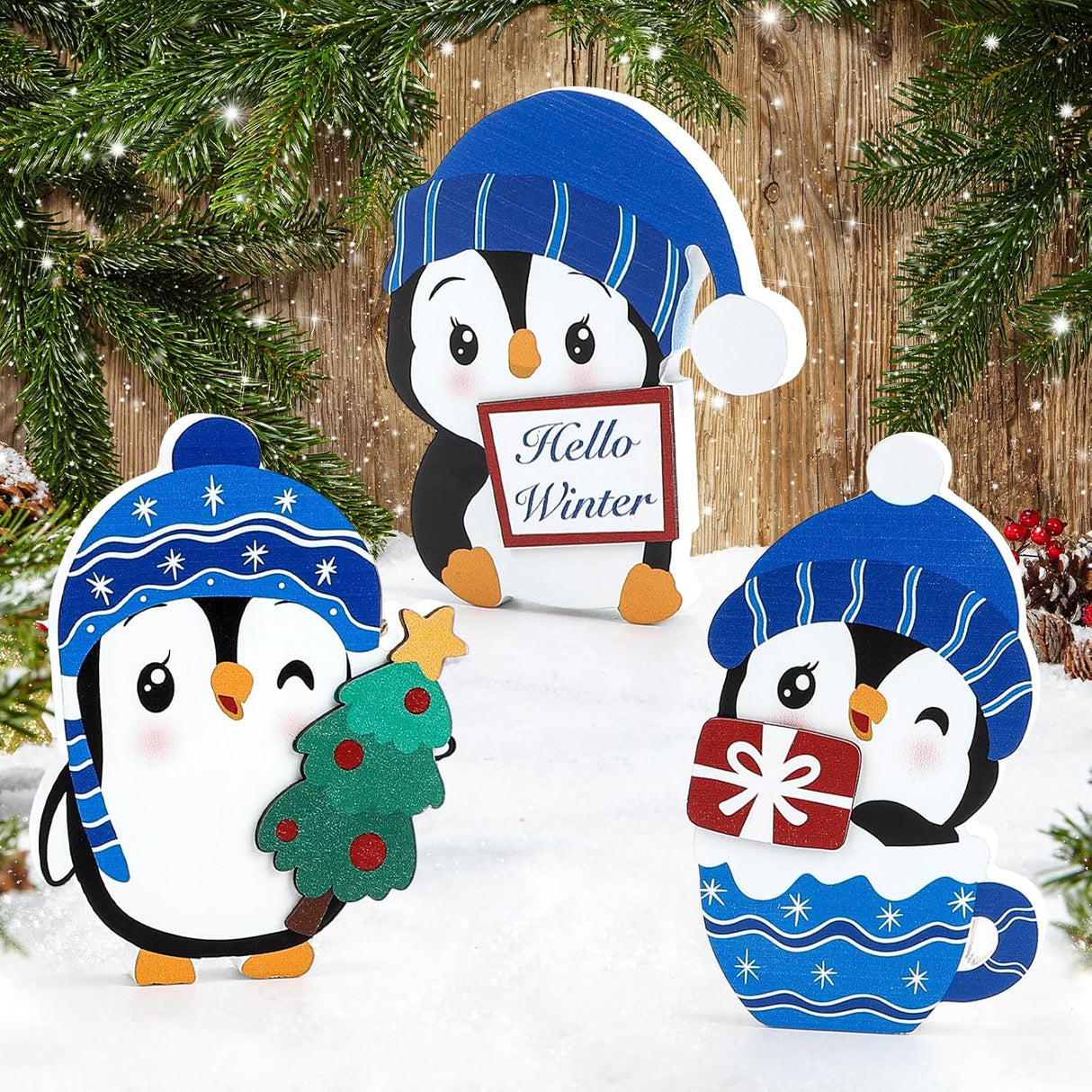 Bloques de Madera Set 3 Decoraciones Navideñas de Pingüinos