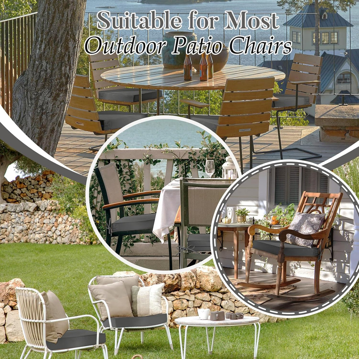 Basic Beyond Cojines para sillas de exterior para muebles de patio, impermeables, juego de 4 cojines de asiento de exterior de 19 x 19 pulgadas, cojines para sillas de patio con lazos y asa, color