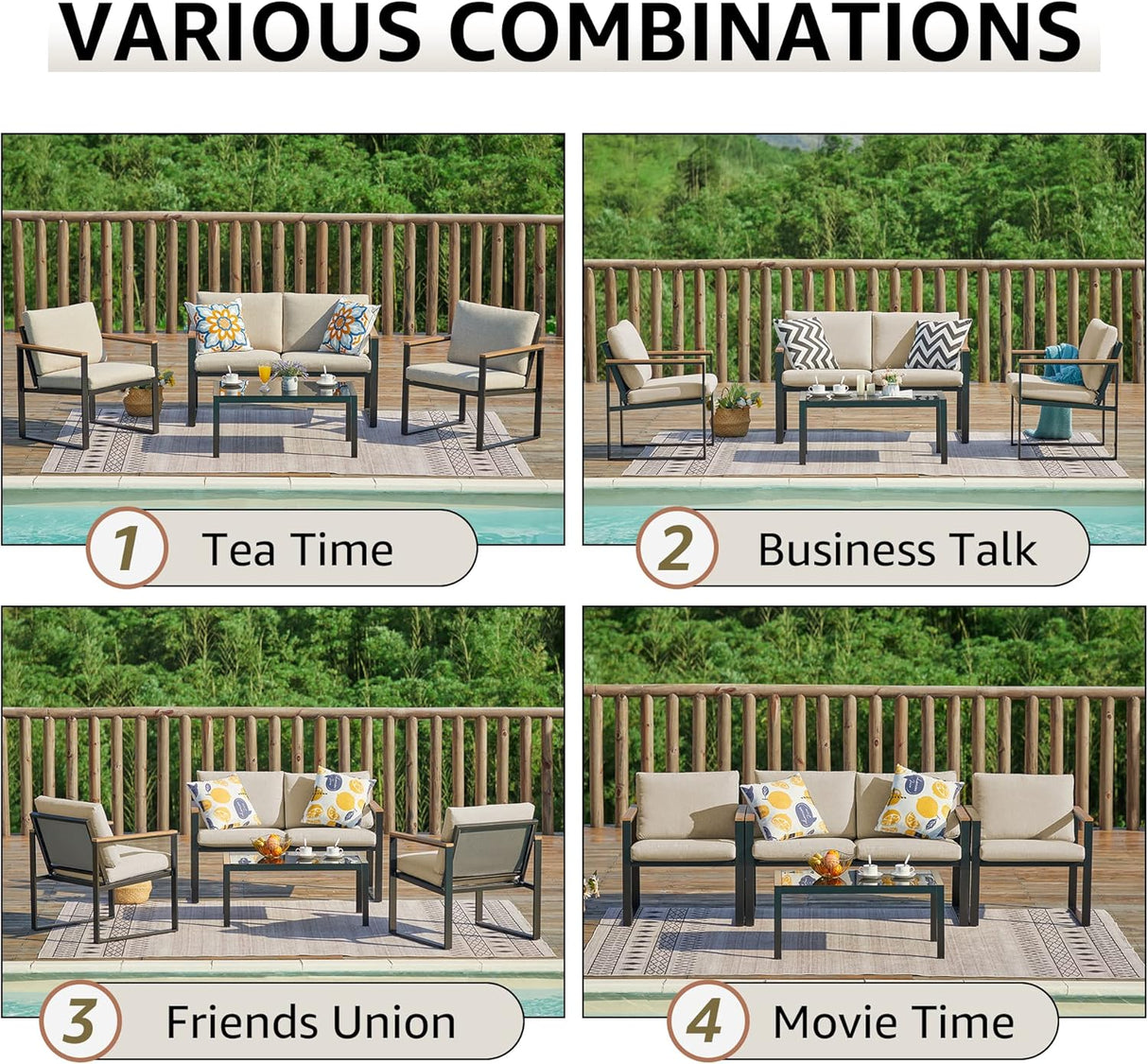 NATURAL EXPRESSIONS Juego de muebles de patio de 4 piezas, muebles de metal para exteriores, muebles seccionales al aire libre, juego de conversación de patio con pasamanos de madera, malla de cabestrillo, cojines de olefina de textura gruesa