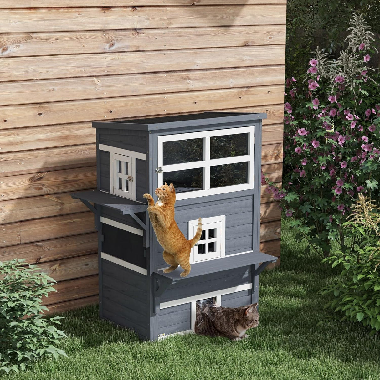 Casa para Gatos 3 Niveles PawHut, Refugio Exterior con Techo