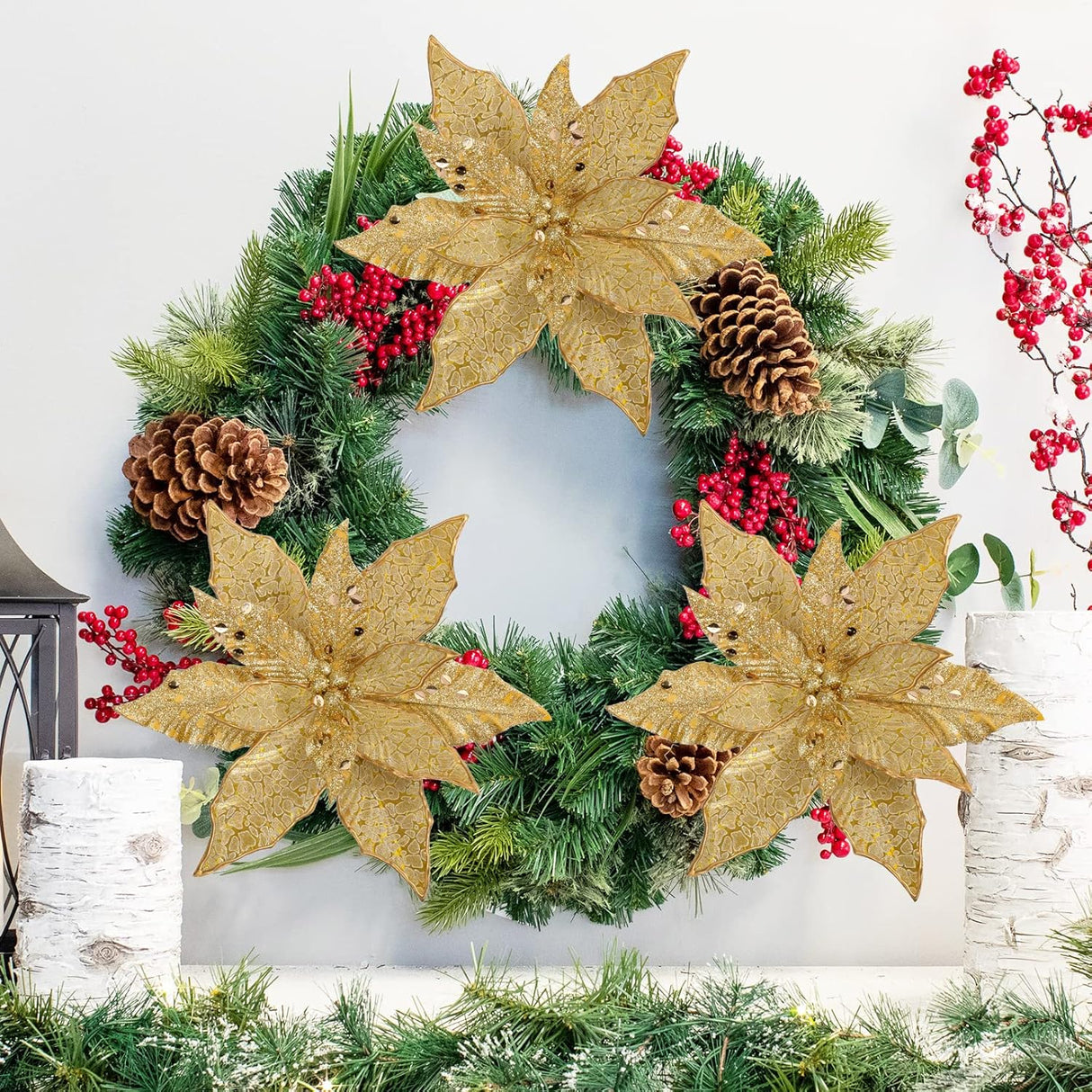 Flores Poinsettia Artificial Briful, Set de 4, 12'' Grandes