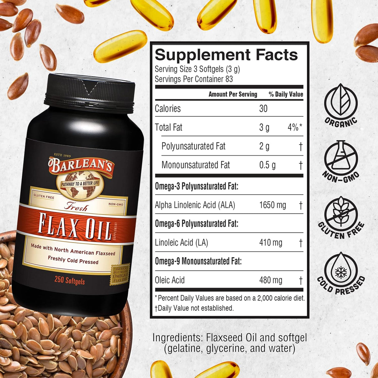 Suplemento de Aceite de Linaza Barlean's 1,650 mg ALA, 250 ct